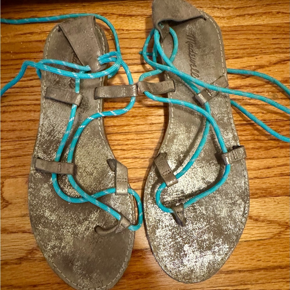 Madewell Metallic Gray Lace-Up Sandals with Turquoise Paracord Straps